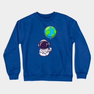 Cute Astronaut Sitting With Earth Balloon Cartoon Crewneck Sweatshirt